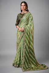 Green Ombre Satin Floral Print Saree with Embroidered Border