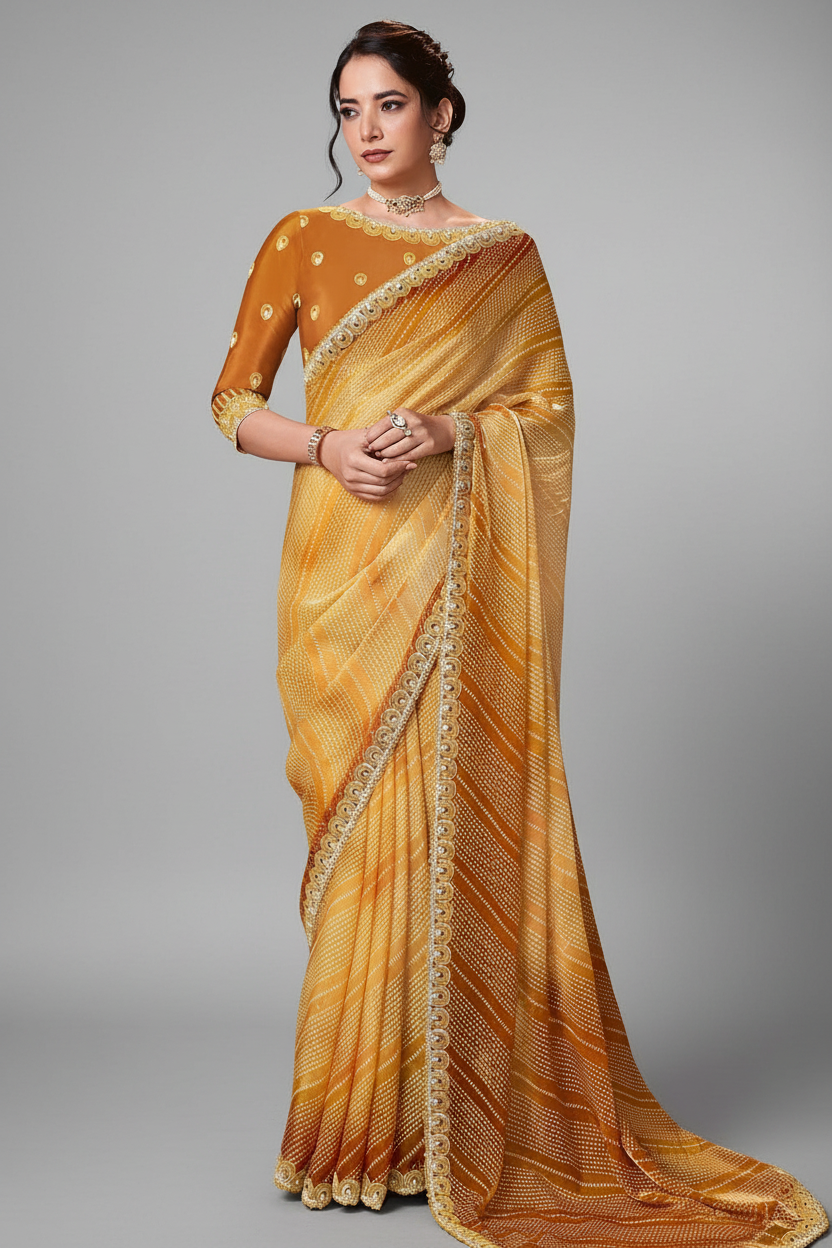 Yellow Ombre Satin Geometric Print Saree with Embroidered Border