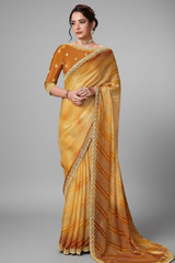 Yellow Ombre Satin Geometric Print Saree with Embroidered Border