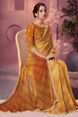 Yellow Ombre Satin Geometric Print Saree with Embroidered Border
