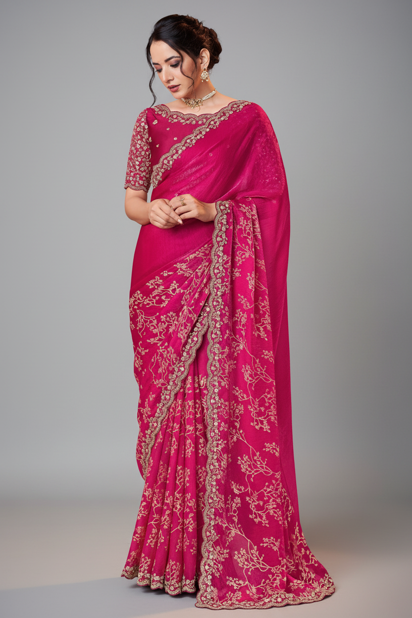 Rani Pink Satin Floral Print Saree with Embroidered Border