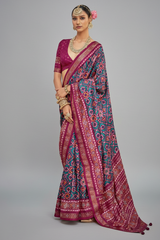 Blue and Magenta Art Silk Patola Print Saree