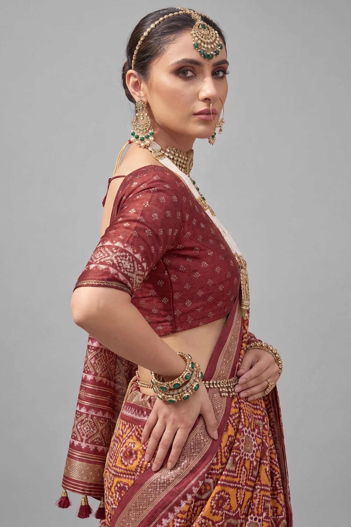 Mustard and Maroon Art Silk Patola Print Saree - maroon silk saree patola