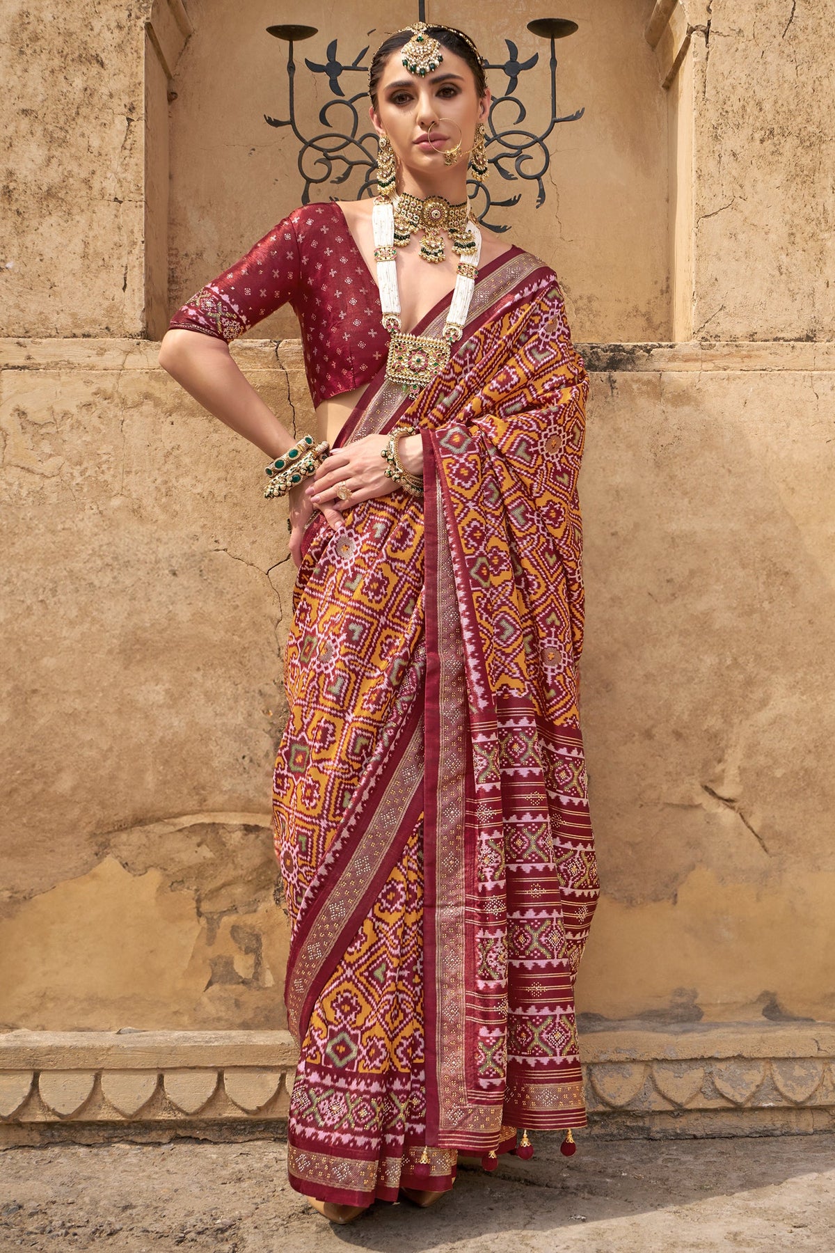 Mustard and Maroon Art Silk Patola Print Saree - maroon silk saree patola