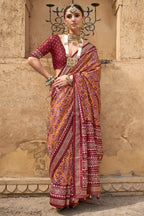 Mustard and Maroon Art Silk Patola Print Saree - maroon silk saree patola