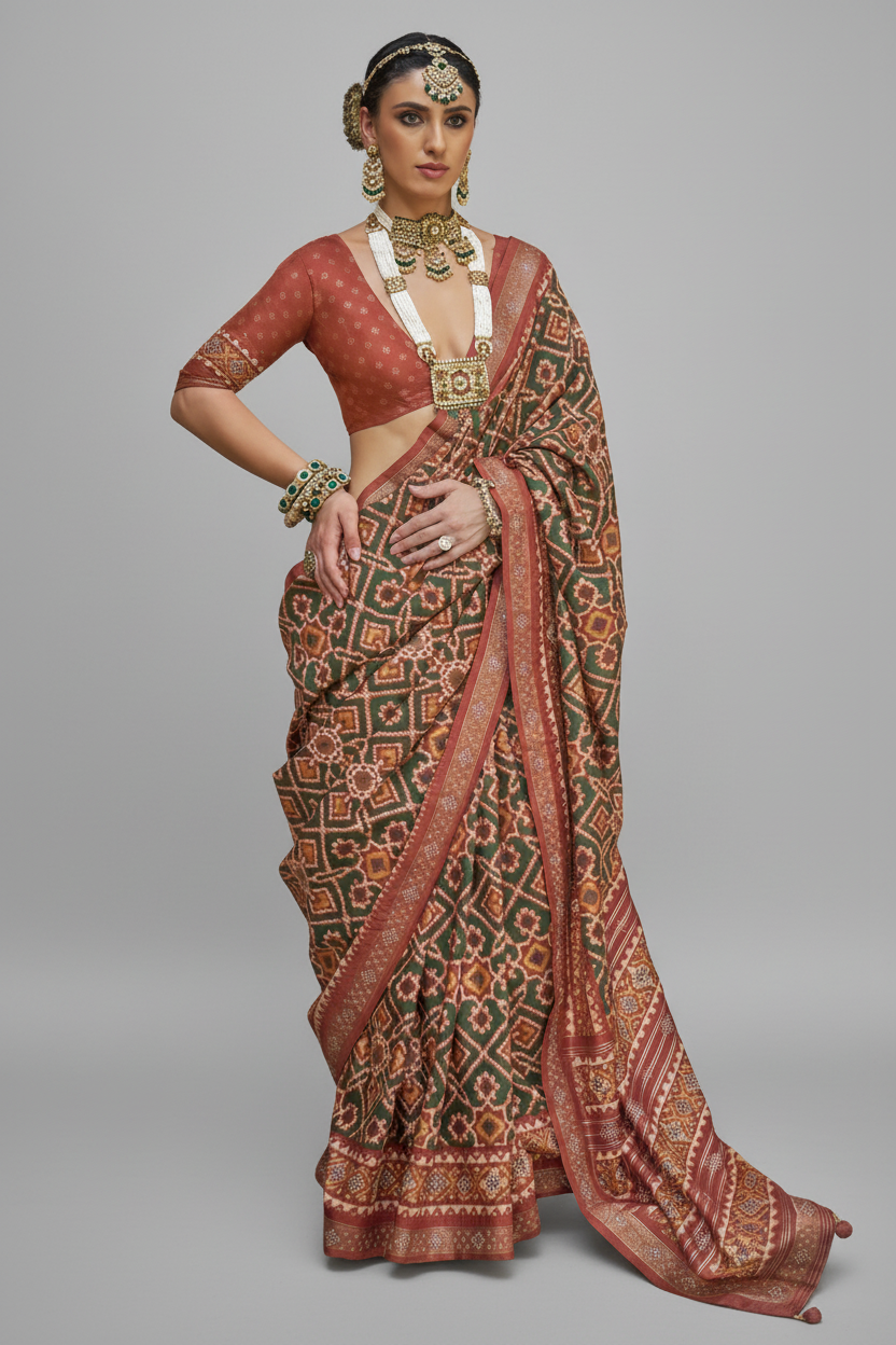 Green and Orange Art Silk Patola Print Saree