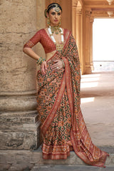 Green and Orange Art Silk Patola Print Saree