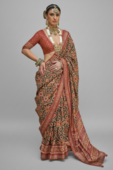 Green and Orange Art Silk Patola Print Saree