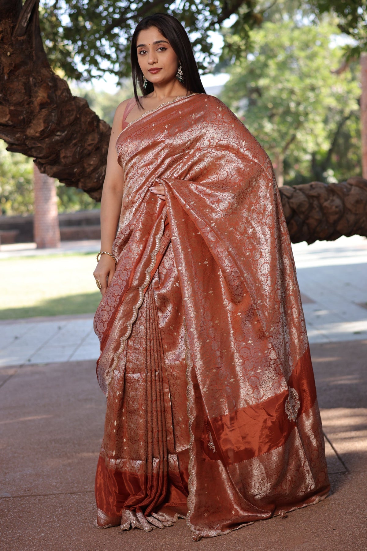 Orange Dola Silk Weaving Scallop Border Saree with Sequin Embroidered Butta - red silk saree embroidered