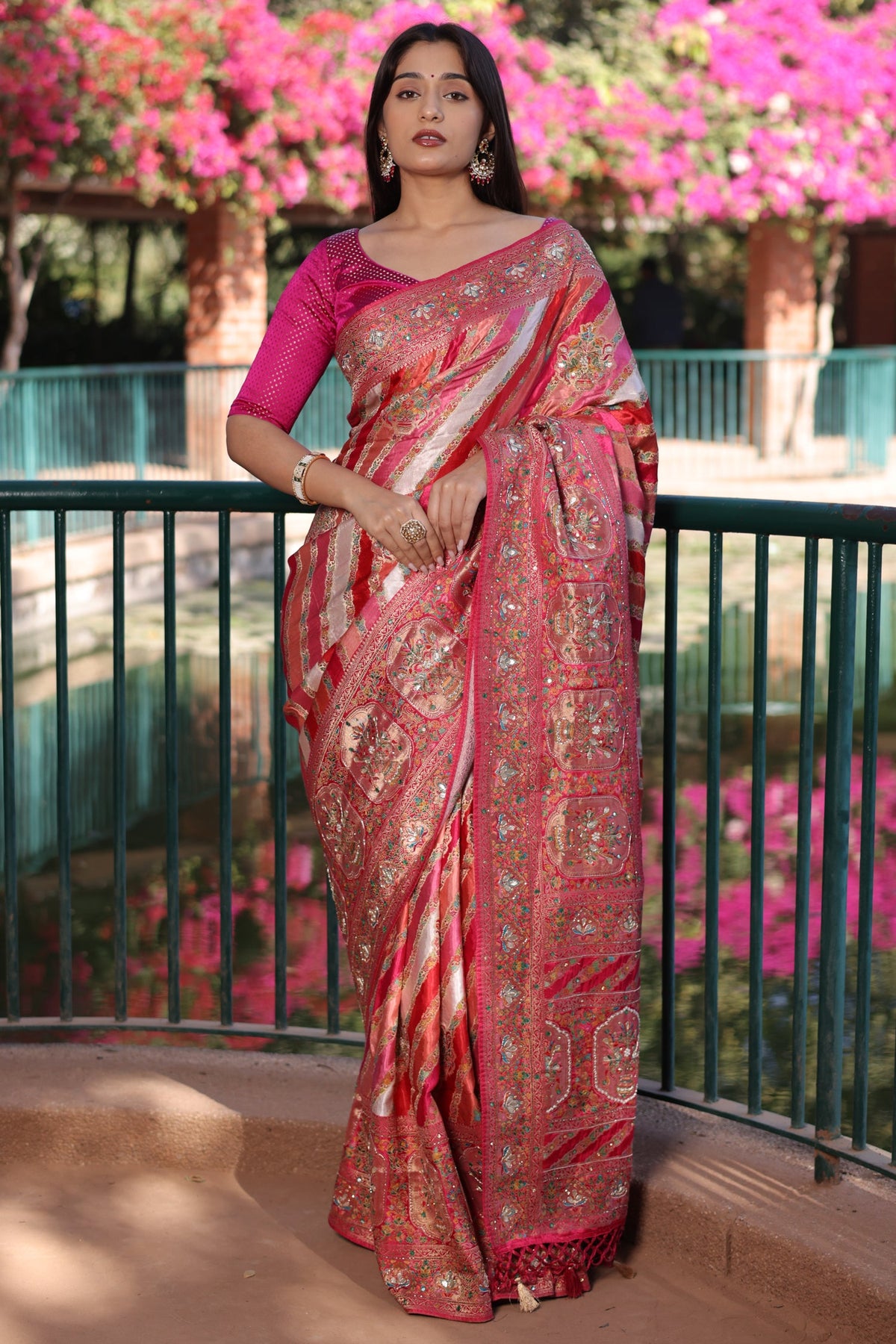Multi Colored Modal Silk Weaving Stripes Saree with Gota and Cutdana Work - red silk saree