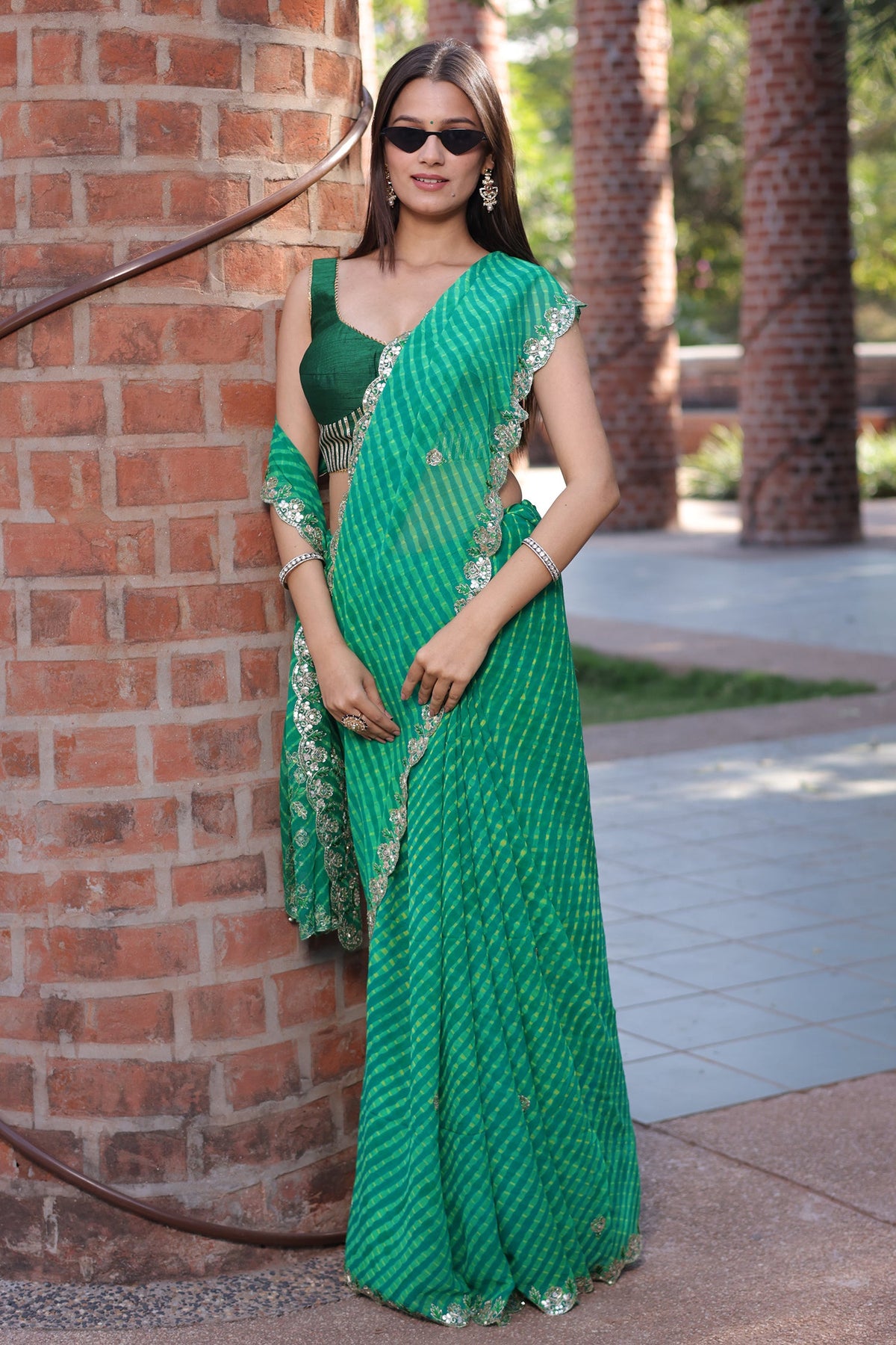 Green Chiffon Georgette Leheriya Saree with Sequin Work Scallop Border - green chiffon saree