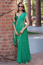 Green Chiffon Georgette Leheriya Saree with Sequin Work Scallop Border - green chiffon saree