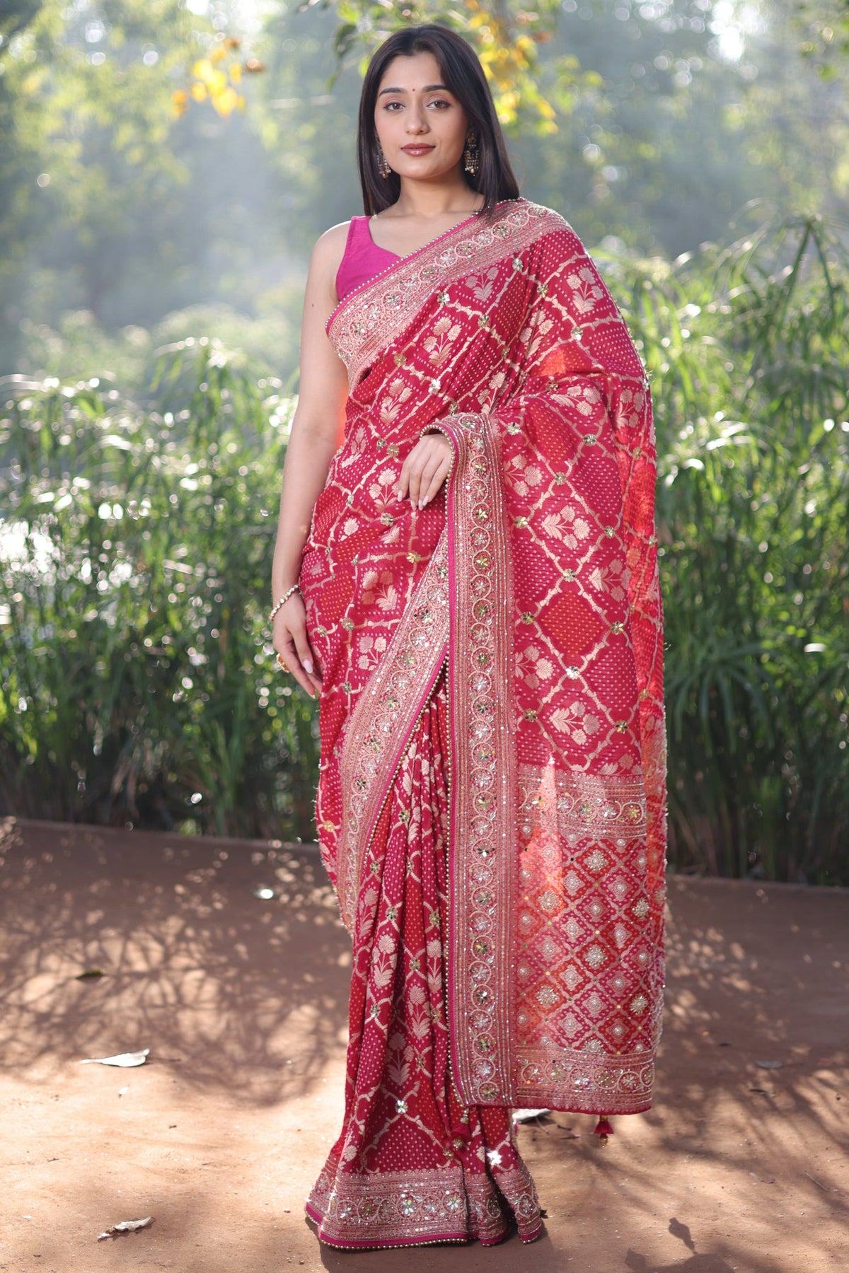 Pink Georgette Floral Woven Checks Saree with Sequin Beaded Work - pink georgette saree