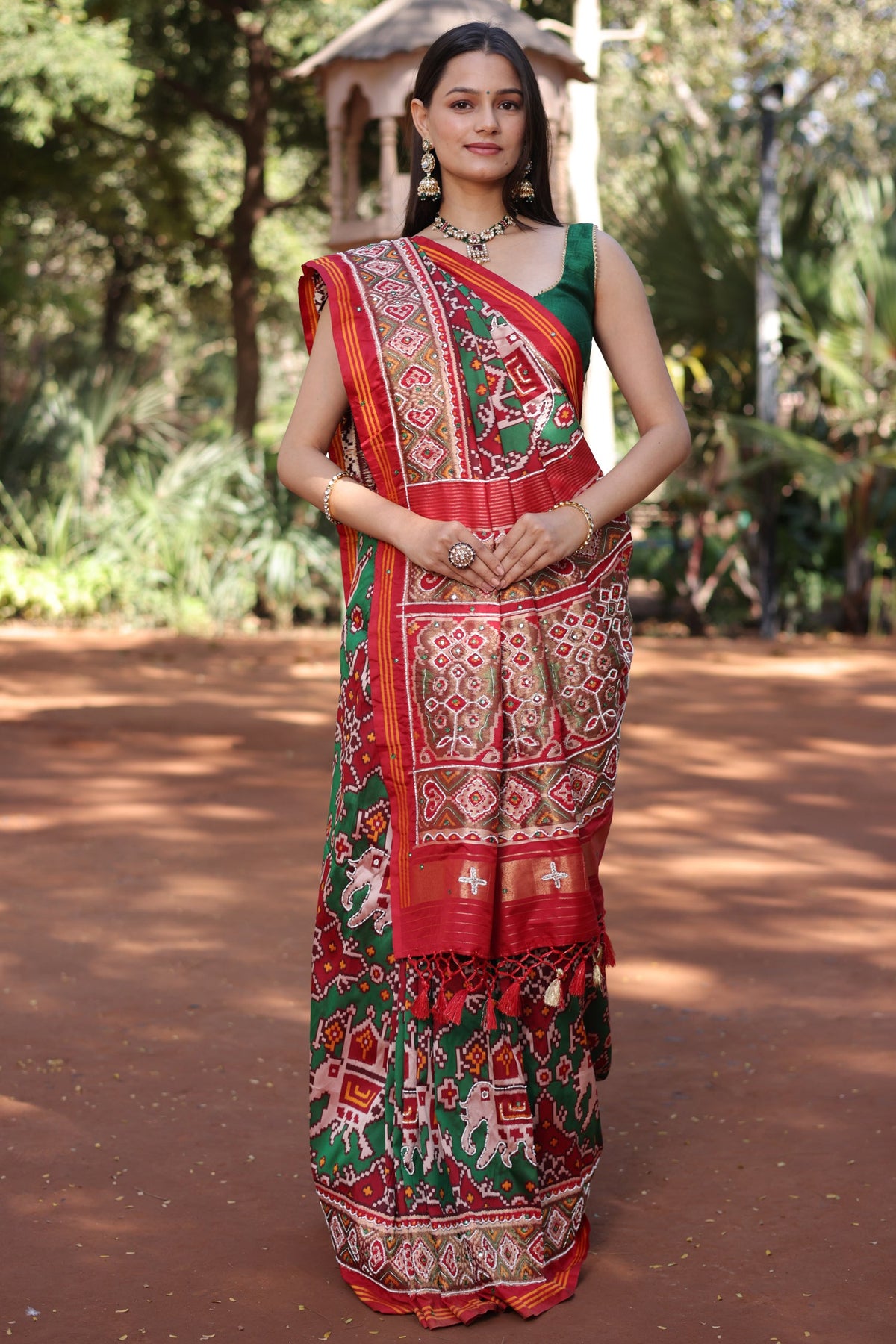 Green Silk Traditional Patola Saree with Beaded Work - green silk saree patola