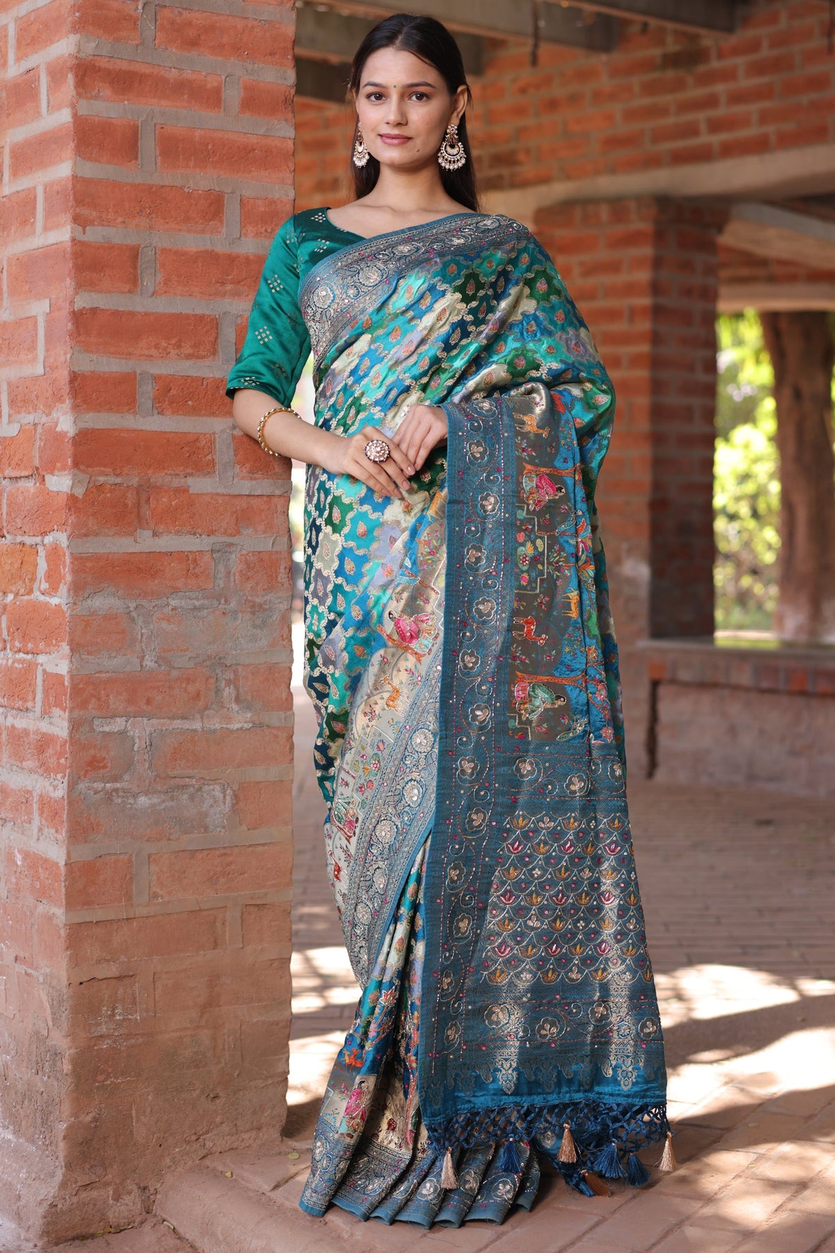 Blue and Multi Colored Modal Silk Woven Saree with Gota and Applique Work - red silk saree