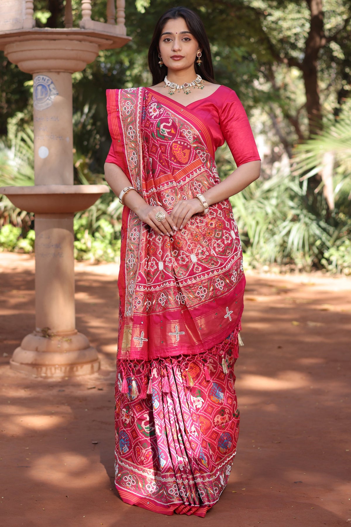 Pink Silk Traditional Patola Saree with Bead Work - pink silk saree patola