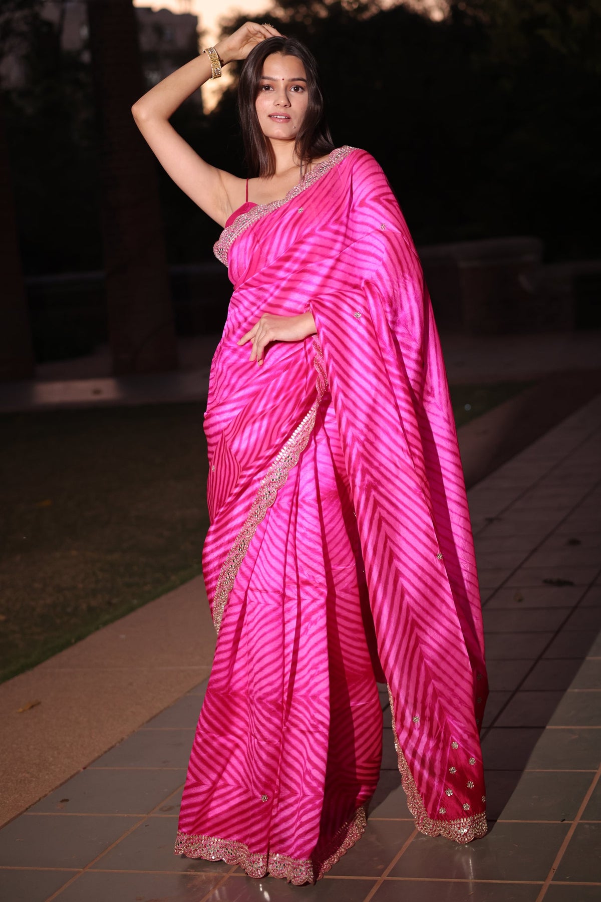 Pink Silk Leheriya Printed Saree with Applique Work Scallop Border - pink silk saree