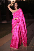 Pink Silk Leheriya Printed Saree with Applique Work Scallop Border - pink silk saree