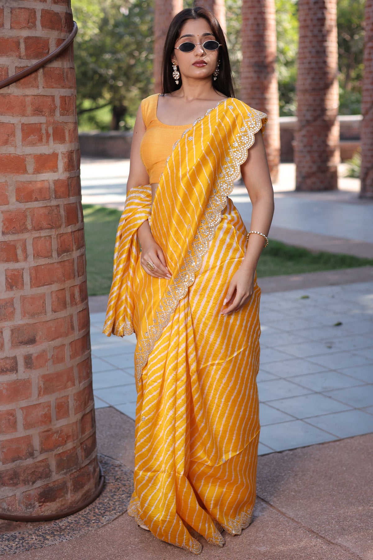 Yellow Silk Leheriya Printed Saree with Applique Scallop Border - yellow silk saree