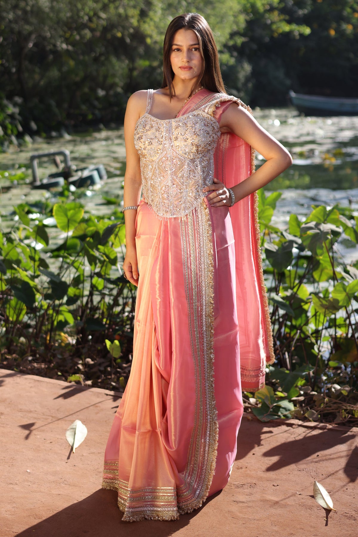 Coral Pink Organza Saree with Kiral Lace Border - coral organza saree