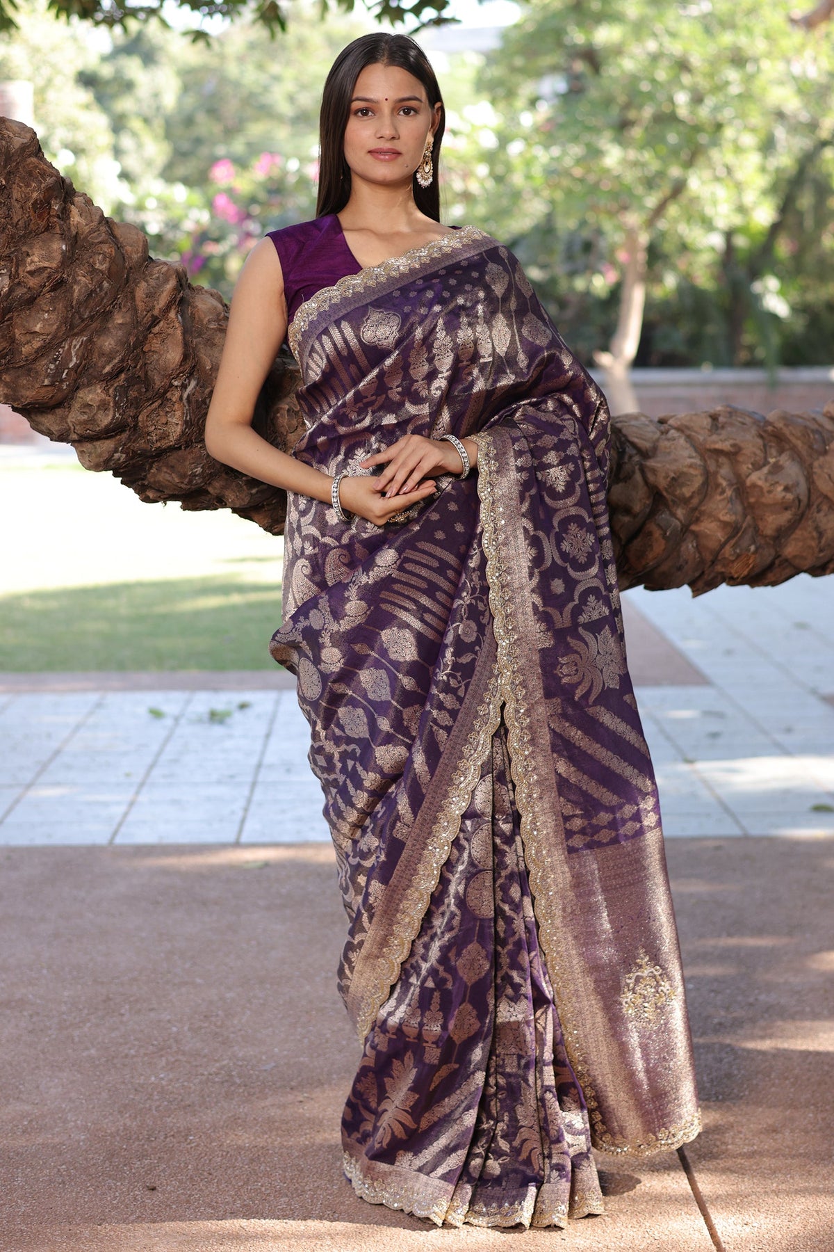 Purple Tissue Silk All Over Woven Saree with Scallop Cutdana Applique Border - purple silk saree