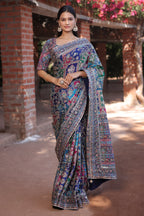 Blue Modal Silk Printed Saree with Sequin Embroidery Work - blue silk saree embroidery