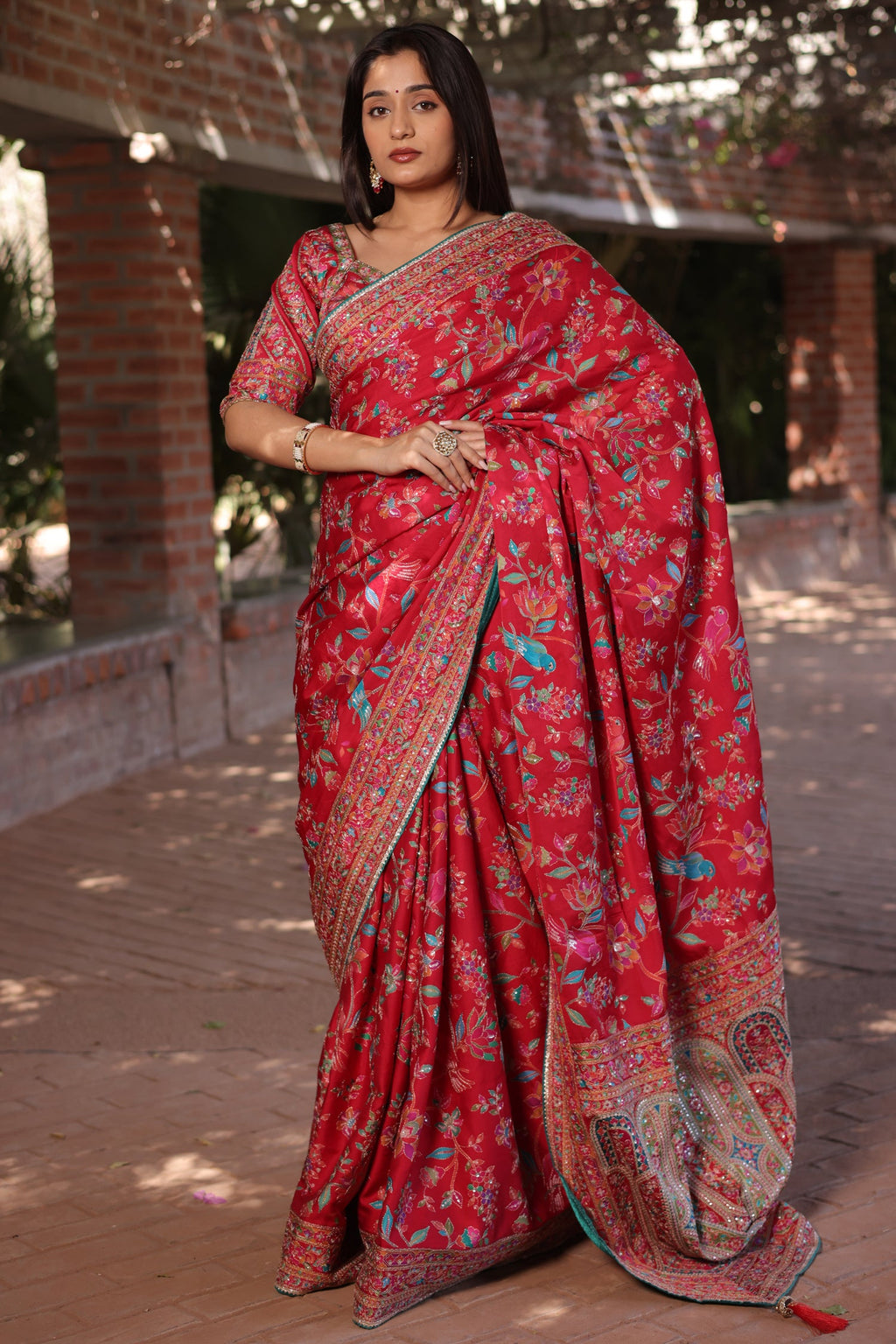 Red Silk Printed Saree with Sequin Embroidery Work - red silk saree embroidery
