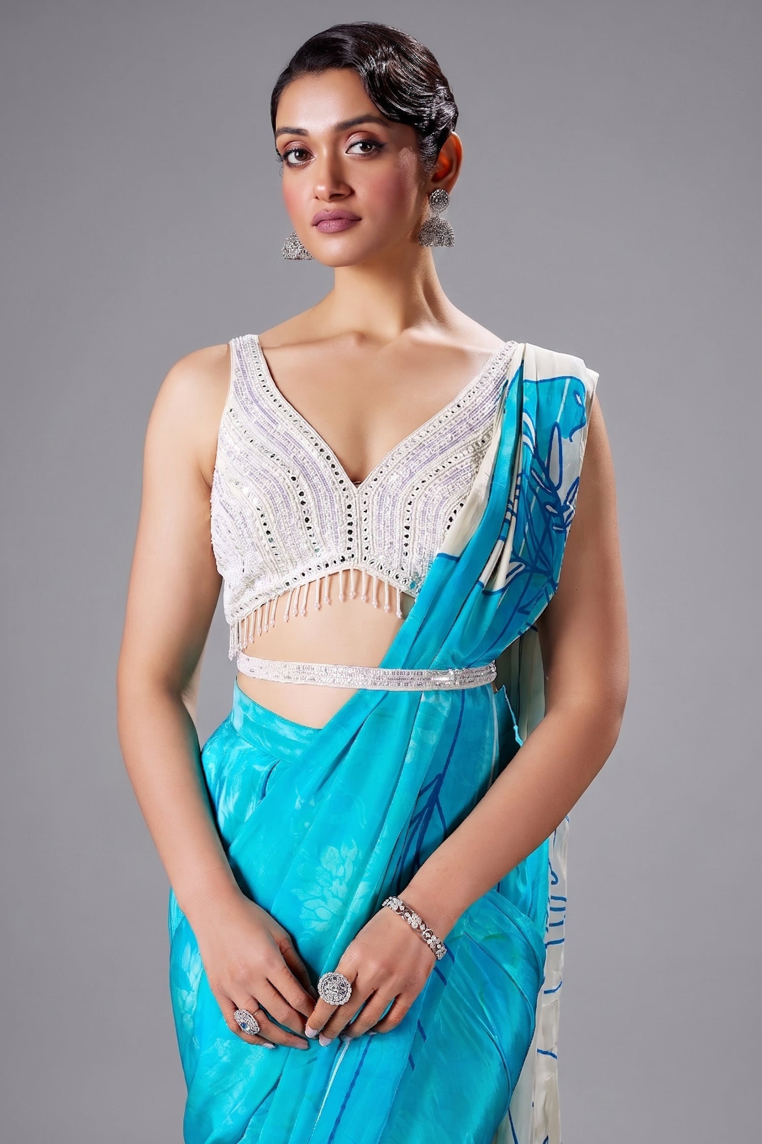 Blue Crepe Silk Printed Ready to Wear Saree with Mirror and Sequin Cutdana Work V Neck Blouse - blue silk saree