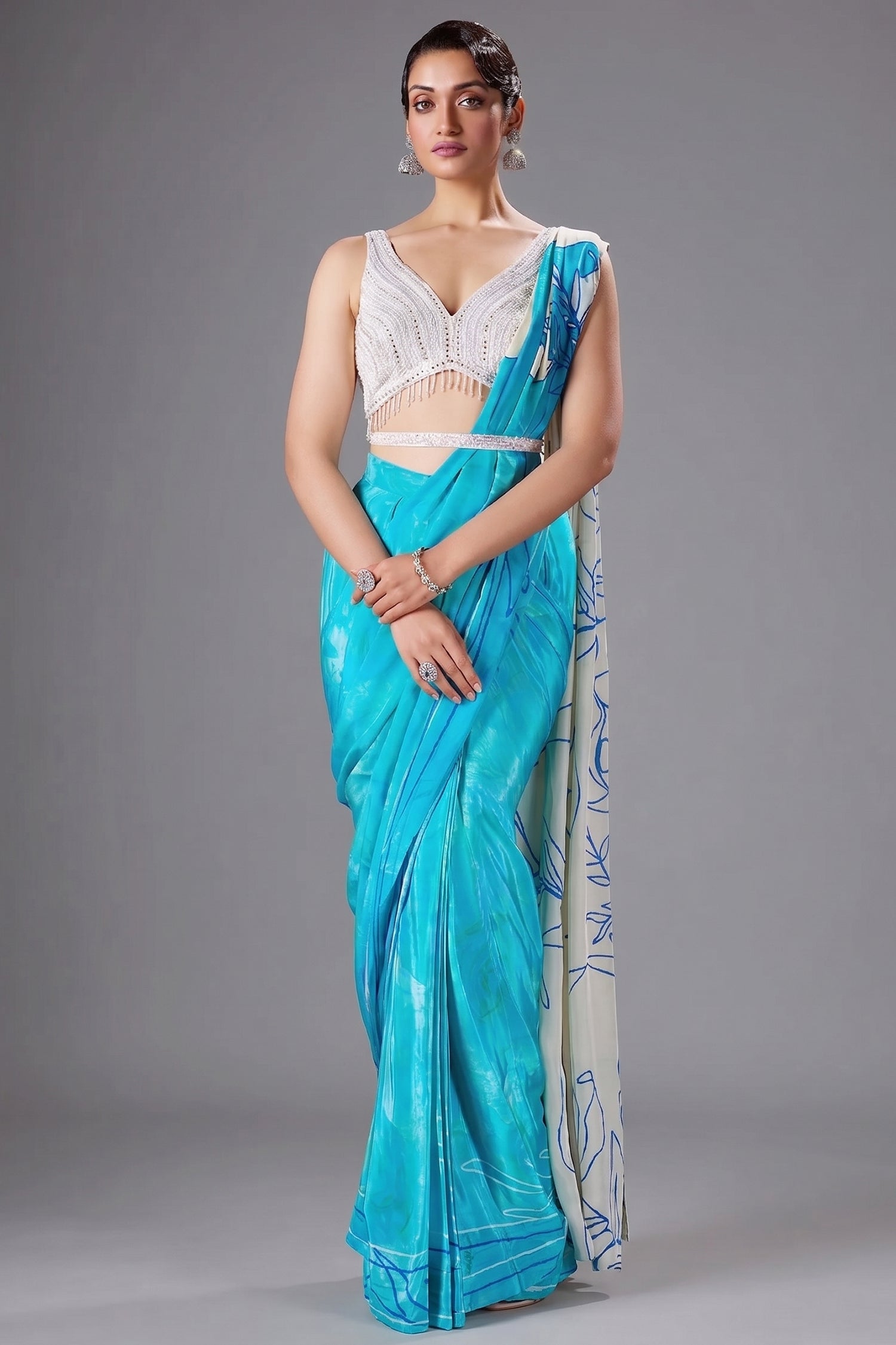 Blue Crepe Silk Printed Ready to Wear Saree with Mirror and Sequin Cutdana Work V Neck Blouse - blue silk saree Main image