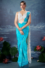 Blue Crepe Silk Printed Ready to Wear Saree with Mirror and Sequin Cutdana Work V Neck Blouse