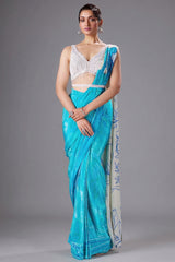 Blue Crepe Silk Printed Ready to Wear Saree with Mirror and Sequin Cutdana Work V Neck Blouse - blue silk saree