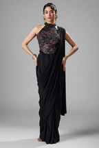 Black Crepe Silk Pre Draped Saree with Halter Neck Sequin Embroidered Blouse - red silk saree embroidered