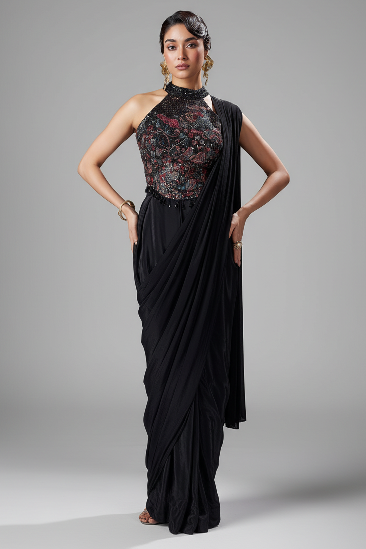 Black Crepe Silk Pre Draped Saree with Halter Neck Sequin Embroidered Blouse - red silk saree embroidered