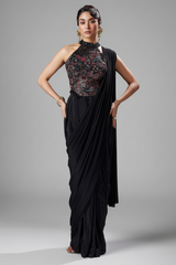 Black Crepe Silk Pre Draped Saree with Halter Neck Sequin Embroidered Blouse
