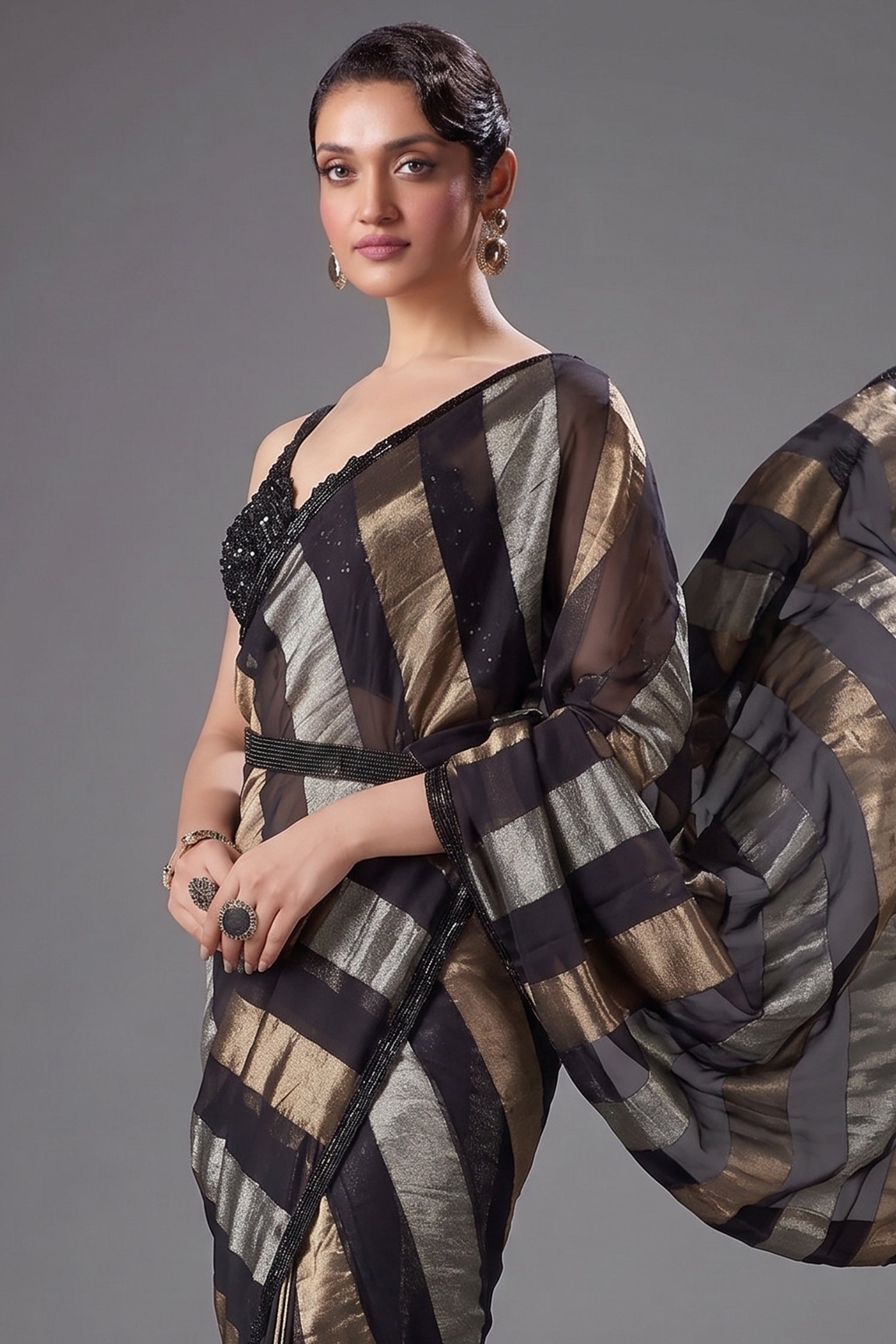 Black Organza Pre Draped Saree with Beaded Cutdana Work Blouse Secondary image