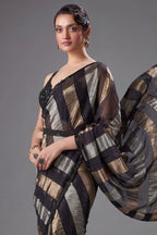 Black Organza Pre Draped Saree with Beaded Cutdana Work Blouse - black organza saree