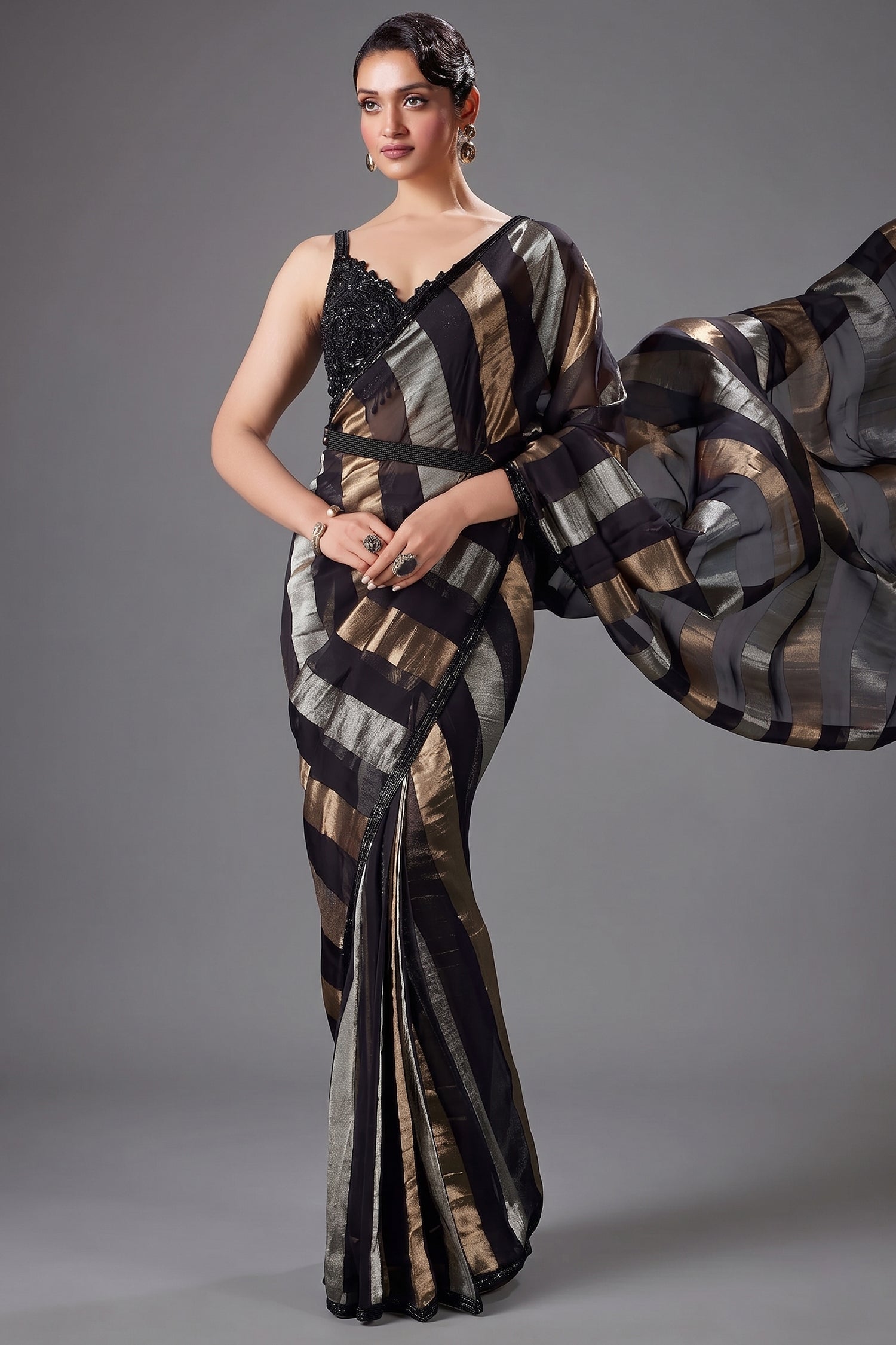 Black Organza Pre Draped Saree with Beaded Cutdana Work Blouse - black organza saree Main image