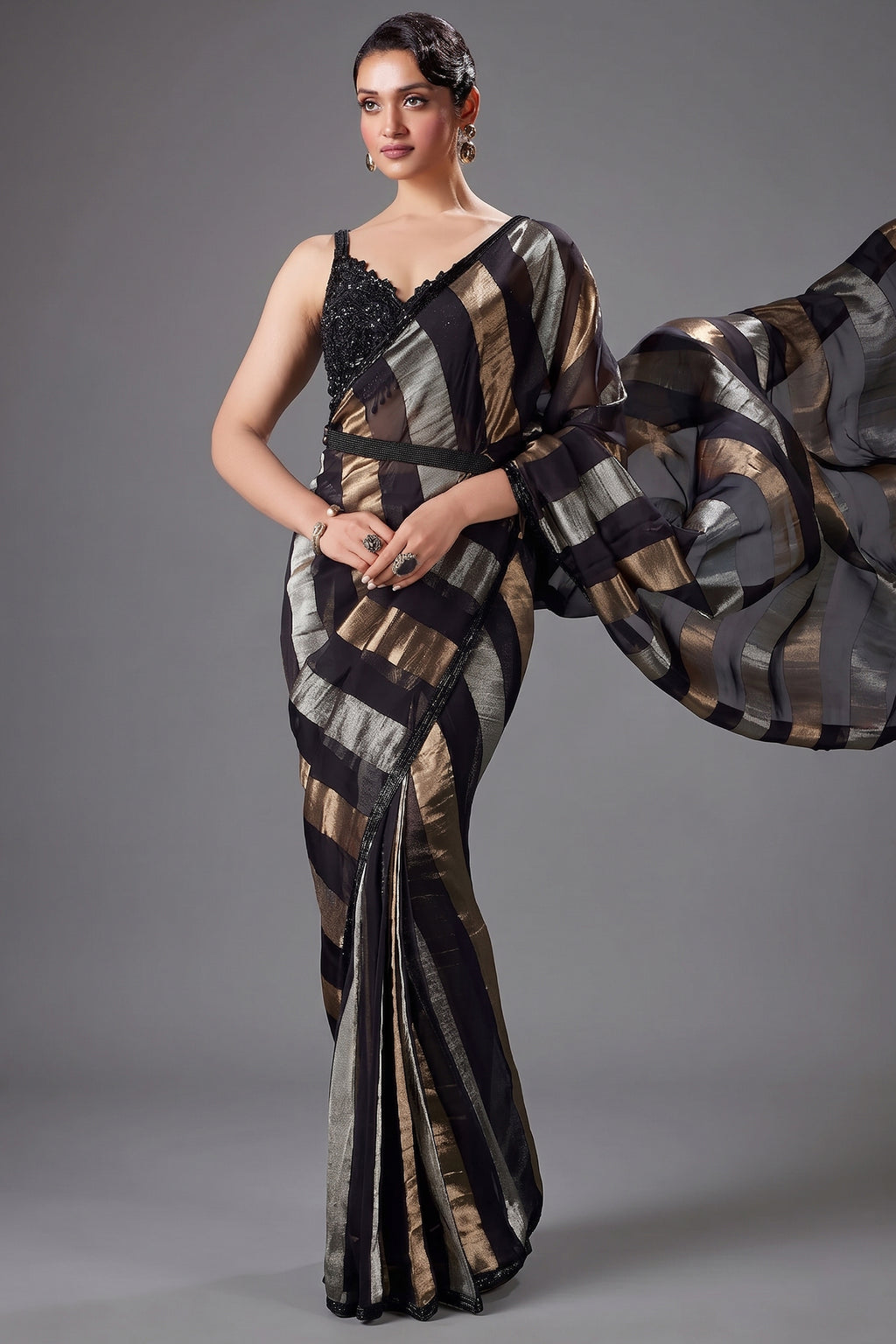 Black Organza Pre Draped Saree with Beaded Cutdana Work Blouse - black organza saree