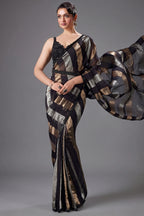 Black Organza Pre Draped Saree with Beaded Cutdana Work Blouse - black organza saree
