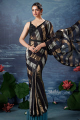 Black Organza Pre Draped Saree with Beaded Cutdana Work Blouse