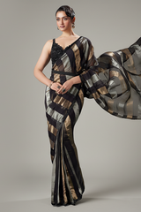 Black Organza Pre Draped Saree with Beaded Cutdana Work Blouse