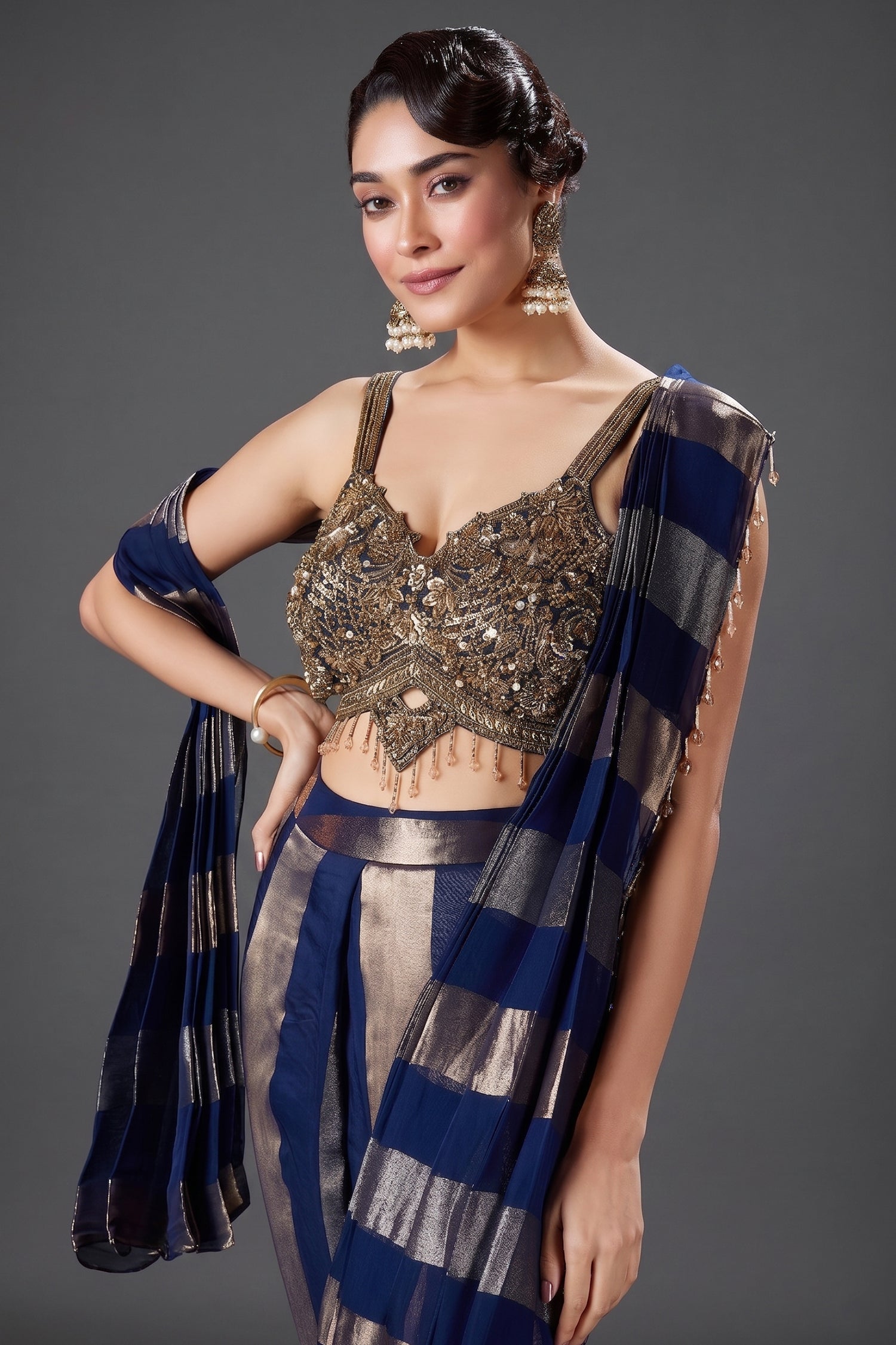 Blue Organza Pre Draped Saree with Bead Work Blouse Secondary image
