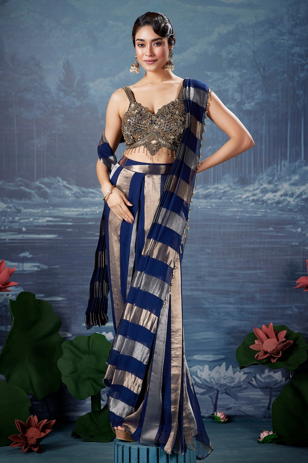 Blue Organza Pre Draped Saree with Bead Work Blouse - blue organza saree