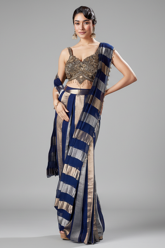 Blue Organza Pre Draped Saree with Bead Work Blouse - blue organza saree Main image