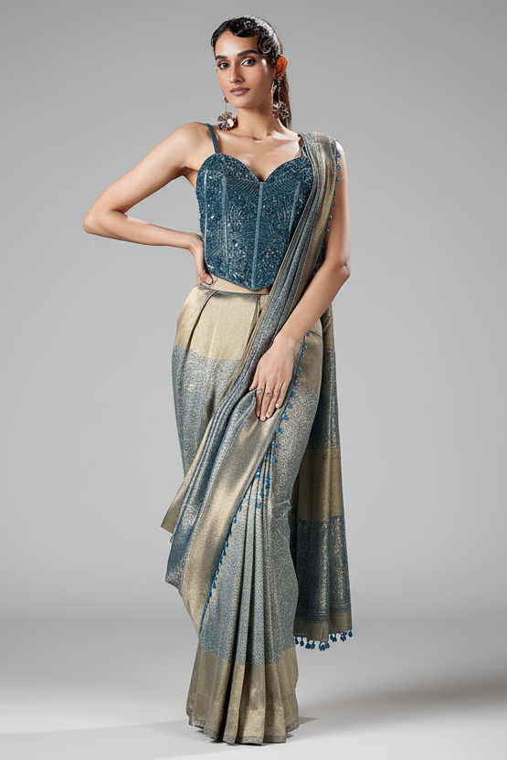 Golden and Blue Tissue Printed Pre Draped Saree with Beaded and Sequin Worked Corset - blue saree Main image