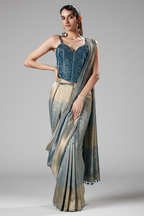 Golden and Blue Tissue Printed Pre Draped Saree with Beaded and Sequin Worked Corset - blue saree