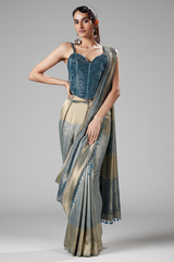 Golden and Blue Tissue Printed Pre Draped Saree with Beaded and Sequin Worked Corset