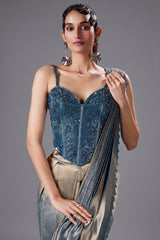 Golden and Blue Tissue Printed Pre Draped Saree with Beaded and Sequin Worked Corset