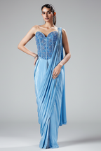 Blue Crepe Silk Readymade Saree with Beaded Cutdana Worked Corset - blue silk saree