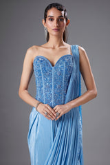 Blue Crepe Silk Readymade Saree with Beaded Cutdana Worked Corset